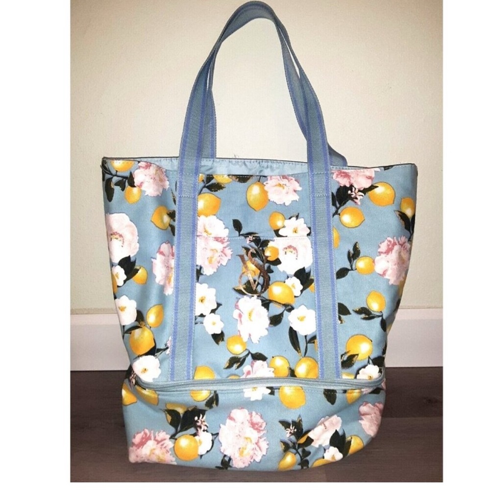 Victoria's Secret Yellow Lemon Fruit Light Blue Insulated Cooler Tote Bag Lemons